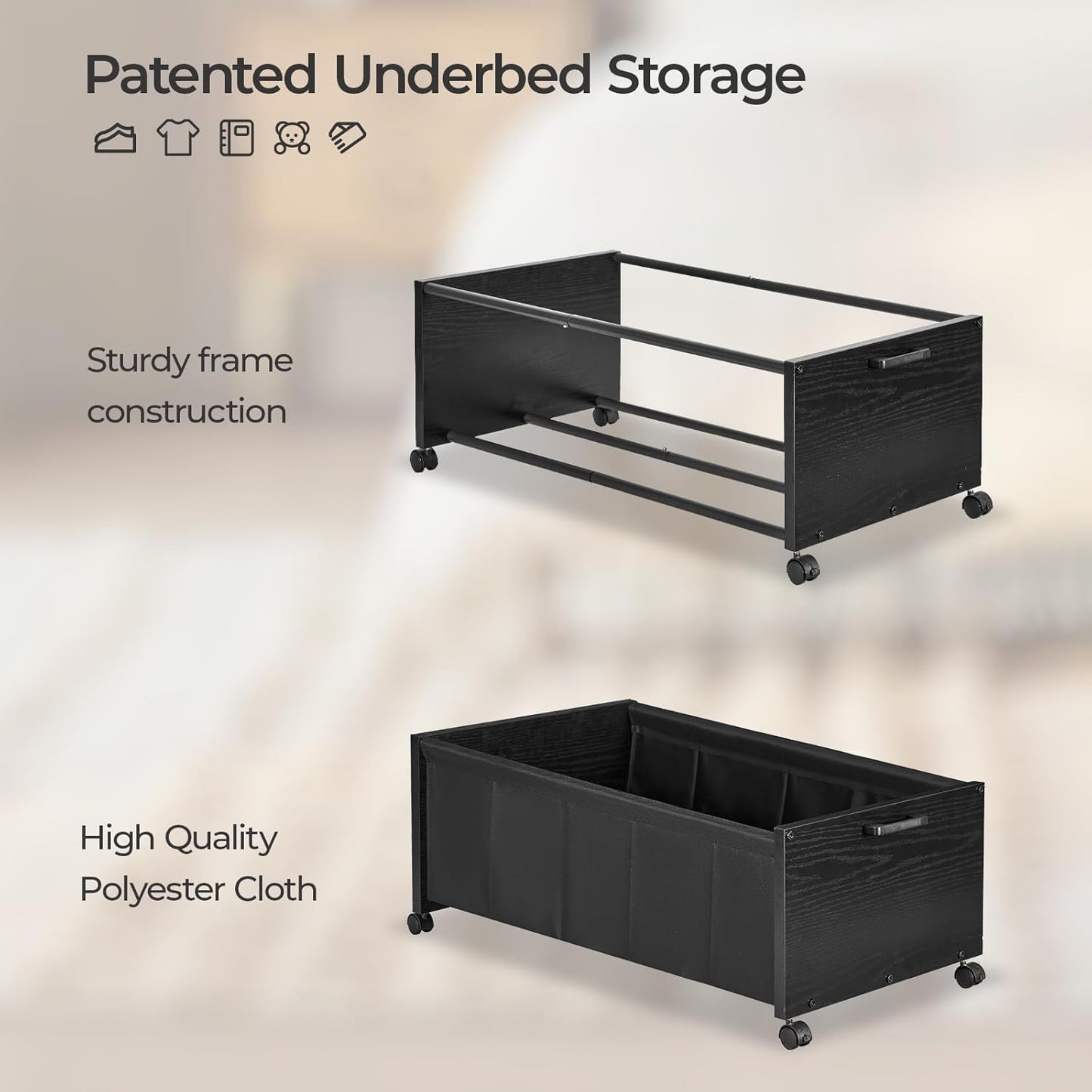 Under Bed Storage with Wheels, Wooden Under Bed Drawers On Wheels, Rolling Under Bed Shoe Storage, Space Saving, Black,Quadruple Size,90L