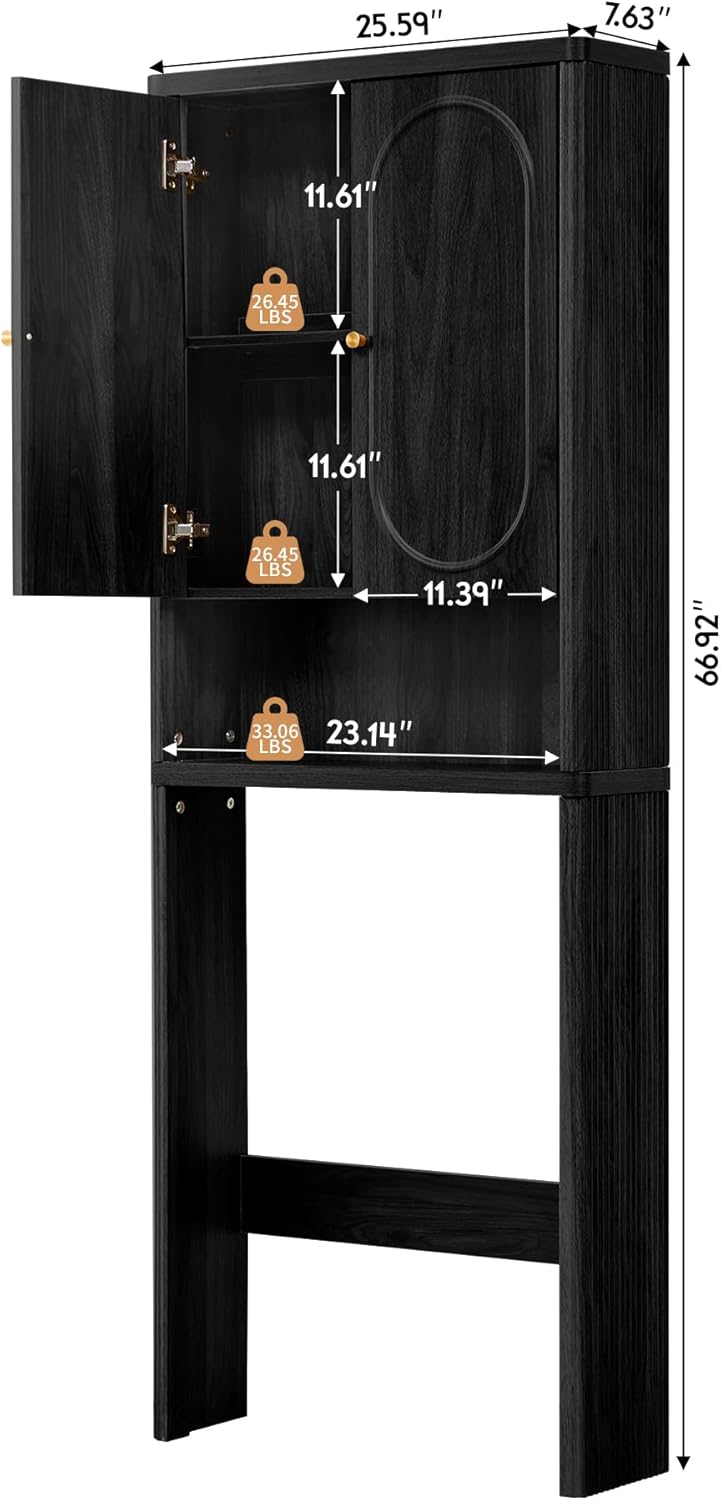 Fluted Over The Toilet Storage Cabinet, Bathroom Toilet Storage Cabinet with Door, Wood Curved Over The Toilet Space Saver Cabinets for Restroom Bathroom, Black