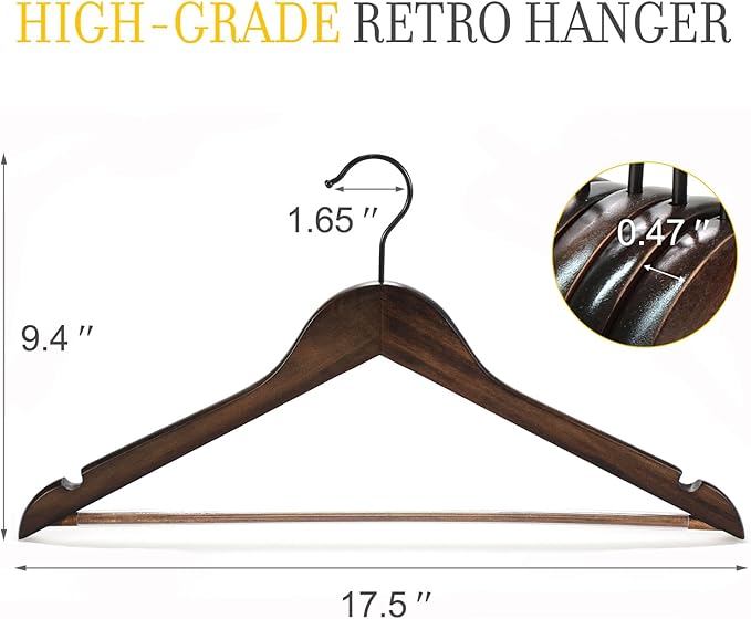 TOPIA HANGER Heavy Duty Wood Coat Hangers in Smooth Retro Finish, Boutique Quality Wooden Suit Hangers-Non-Slip Rubber Pants Bar and Smoothly Cut Notches-360° Rotating Black Hook-30 Pack, CT04A30