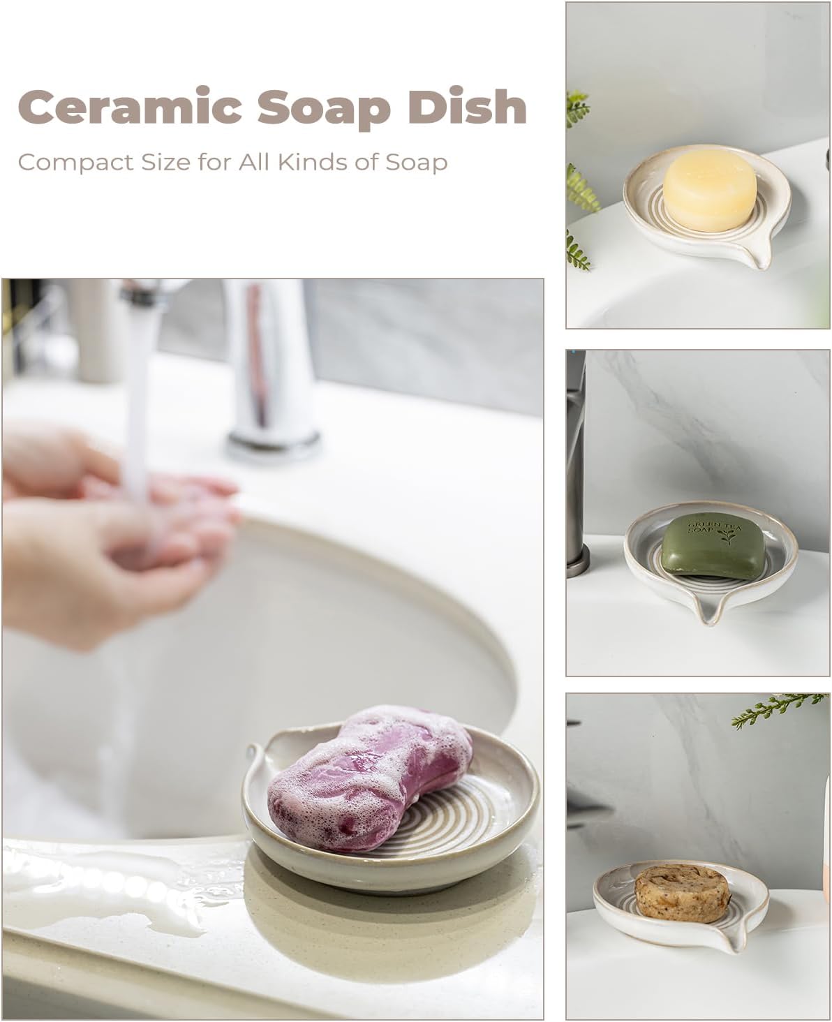 Soap Dish with Drain, Ceramic Soap Holder Self Draining Bar Soap Saver with Waterfall Design for Shower Bathroom Kitchen Sink Bathtub, Beige White