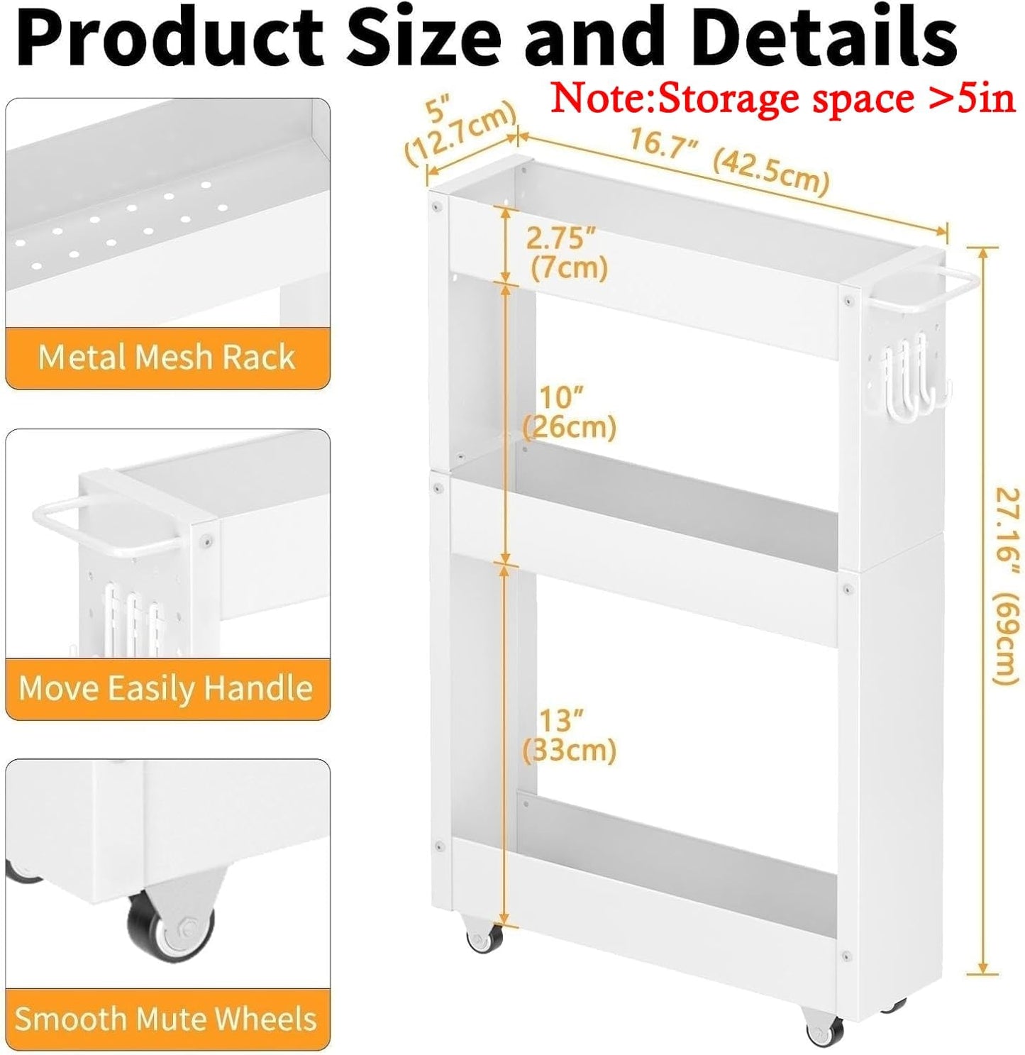 Slim Storage Cart, 5 in Width, 3-Tier White Rolling Cart with Handle for Kitchen Bathroom Laundry Narrow Places
