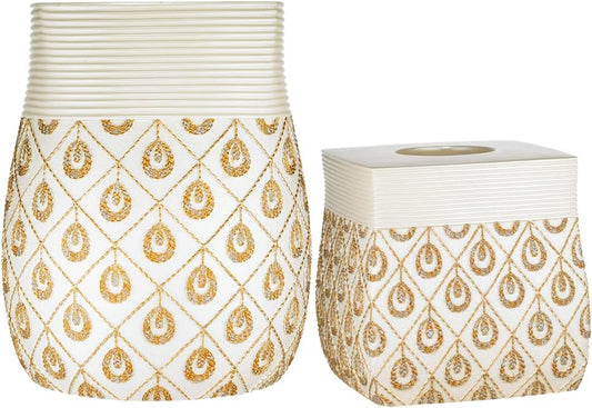 Zahari Home 2pc Seraphina Bathroom Set Waste Basket & Tissue Cover Modern Classic Decor Stylish Unique Design Beautiful White Bathroom Accessories Set
