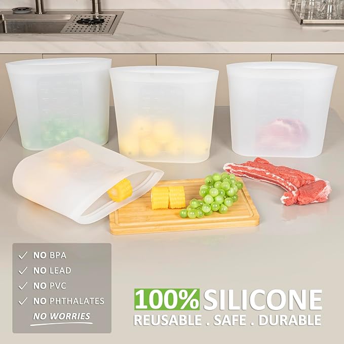 Reusable Storage Bags Extra Large, 0.8 Gallon/101 fl.oz/3000 ml, 4 Pack 100% Silicone Food Storage Bags Stand Up Zip Lock for Large Food Items, Freezer Microwave Oven Dishwasher Safe, Translucent
