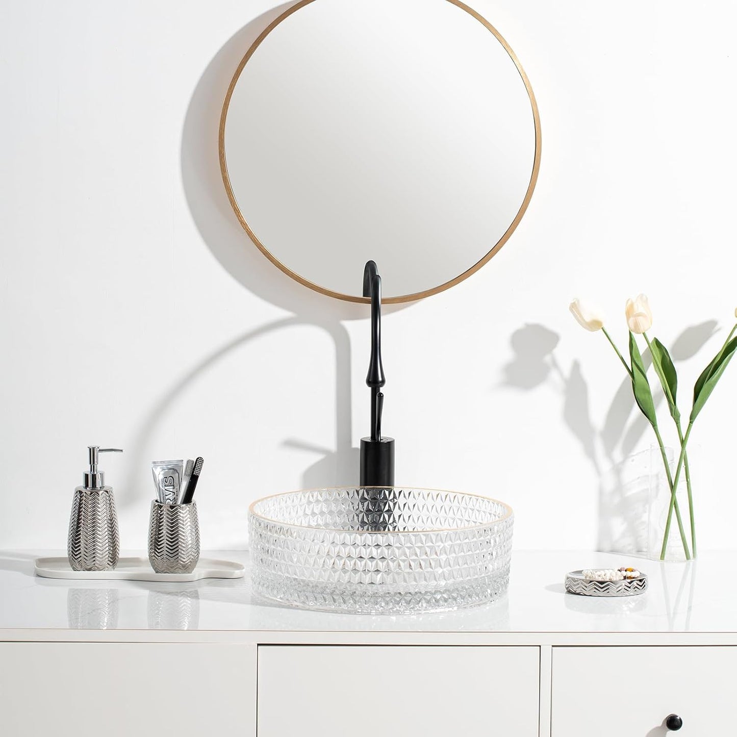 Silver Bathroom Accessories Set 3 Piece, Soap Dispenser, Toothbrush Holder and Soap Dish, Wave Design Stylish Elegant Ceramic Bathroom Decor