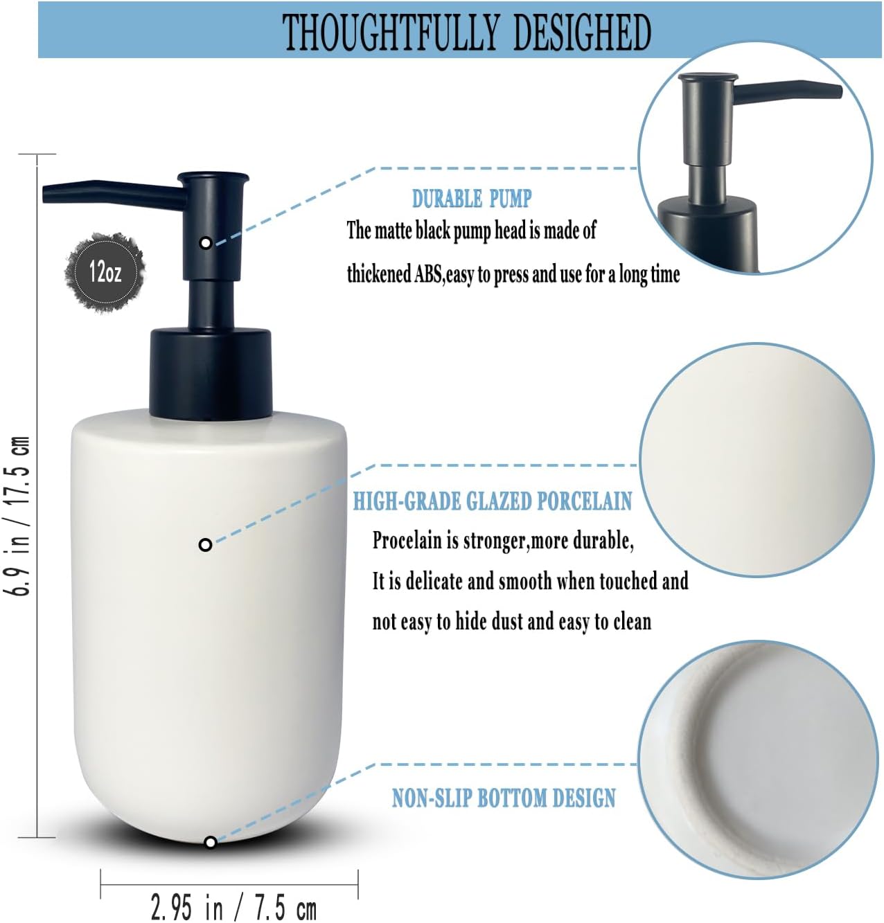 White Soap Dispenser with Matte Black Pump for Bathroom,Minimalist Modern Design Cylindrical Lotion Dispenser,12oz Ceramic Hand Dish Soap Dispenser,Refillable Liquid Dispenser for Kitchen (White)