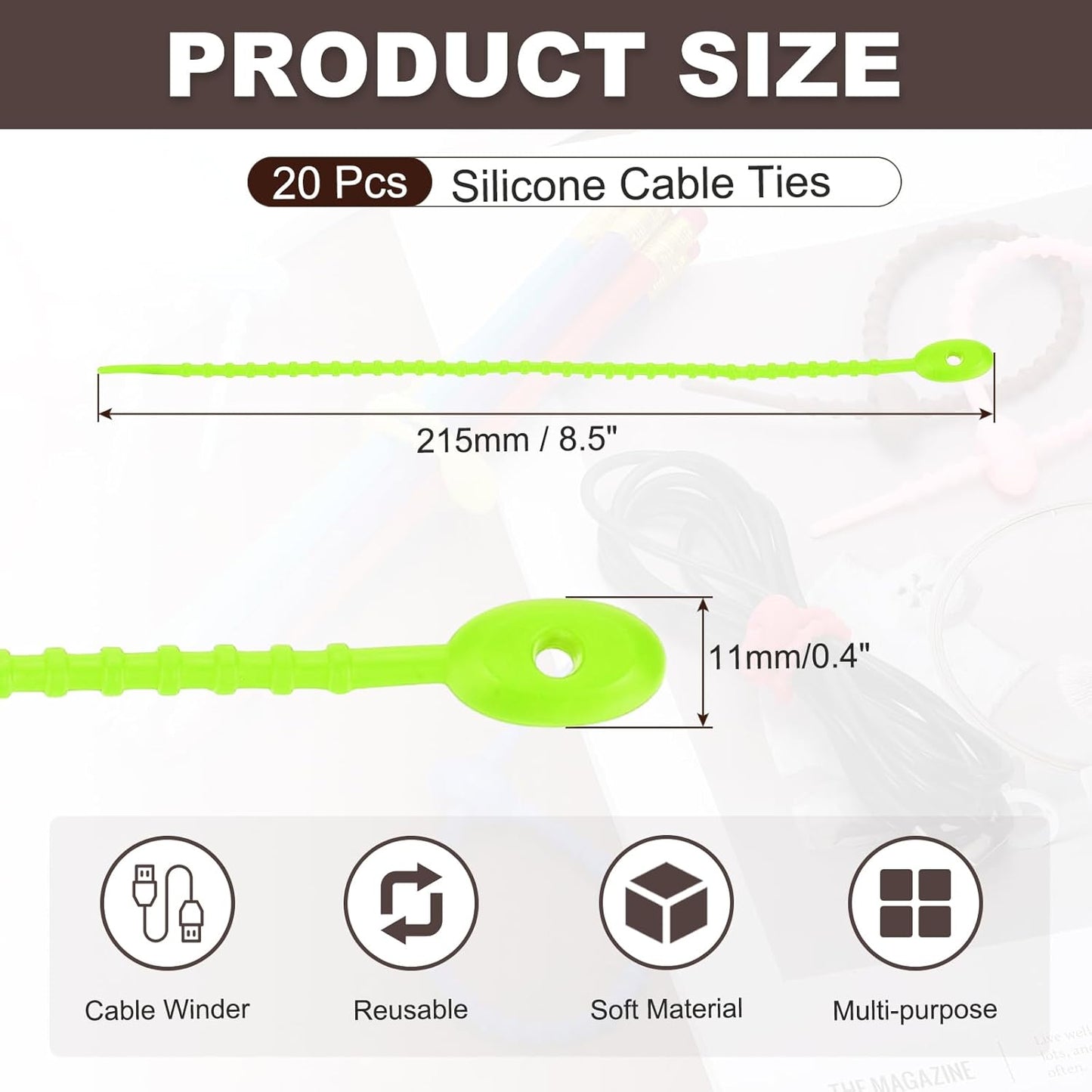 uxcell 20 Pcs Silicone Ties Bag Clip, 8.5 Inch Multi Purpose Silicone Zip Ties Reusable Rubber Zip Tie, Cable Strap Cord Organizer for Home Office Food Bag Wires Cables, Fruit Green