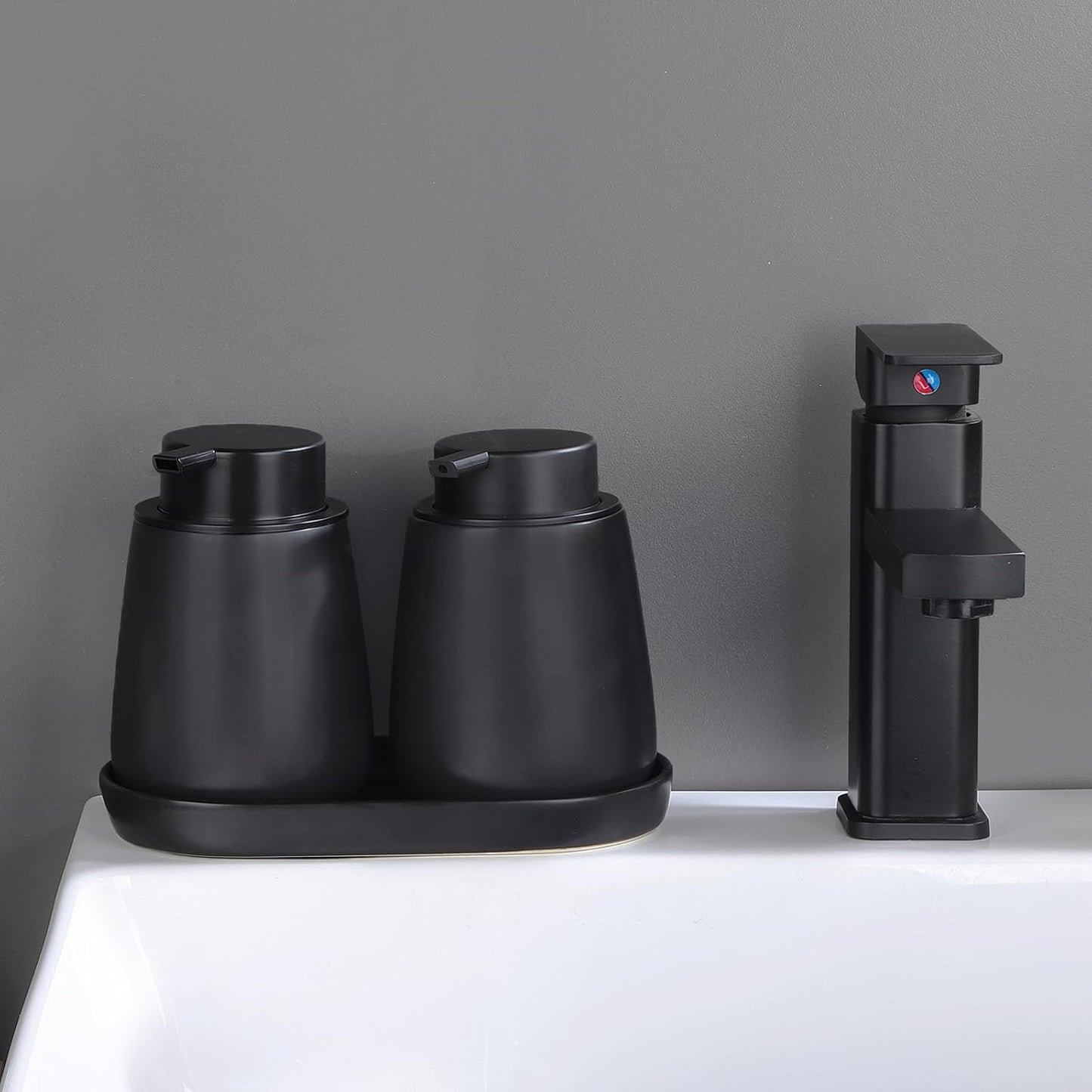 Matte Black Round Soap Dispenser Tray - 8'' Ceramic Vanity Tray for Bathroom Decorative, Jewelry Ring Dish, Comestic Holder, Kitchen Sink Countertop Organizer Plate