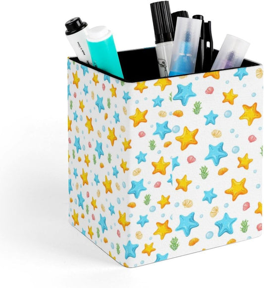 Square Pen Holder & Pencil Organizer for Desk - Office Storage Organizer, Markers/Makeup Brushes/Scissors Holder, Compact Desk Decor Accessories for Home Classroom School(Starfish)