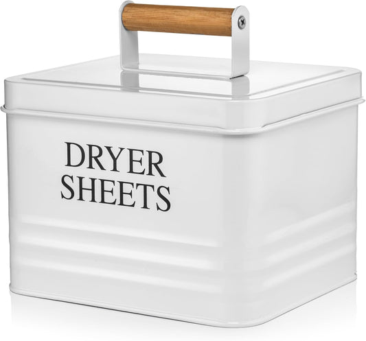 Calindiana Modern Farmhouse Metal Laundry Dryer Sheets Holder Fabric Softener Dispenser with Lid for Laundry Room Decor and Accessories and Space Saving Laundry Organization and Storage, White