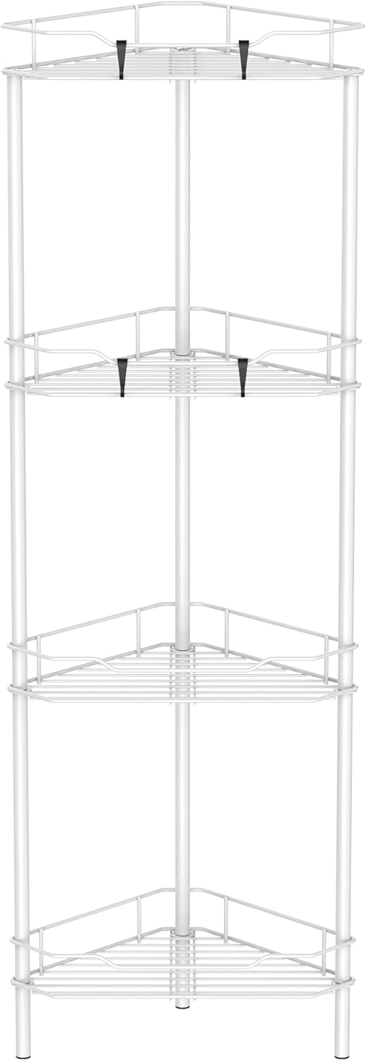 4 Tier Floor Standing Corner Shower Caddy Organizer Shelf with Hooks, Bathroom Shelves Stand Rack, White