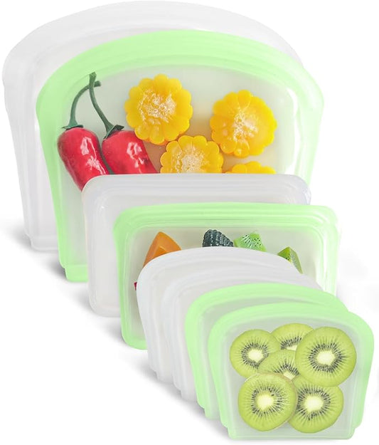 Reusable Silicone Storage Bag, 8Pack Pocket, Snack, and Sandwich Bag, Endurables Seal-Top Silicone Bags for Food Storage, Freezer, Microwave, Oven, Dishwasher Safe (Clear & Mint Green)