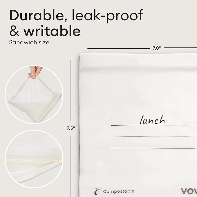 Vove Compostable Sandwich Bags, Medium 30 Count – Freezer Safe, Leak Proof, Non Toxic, Writable Surface for School Lunches & Meal Prep, Eco-Friendly