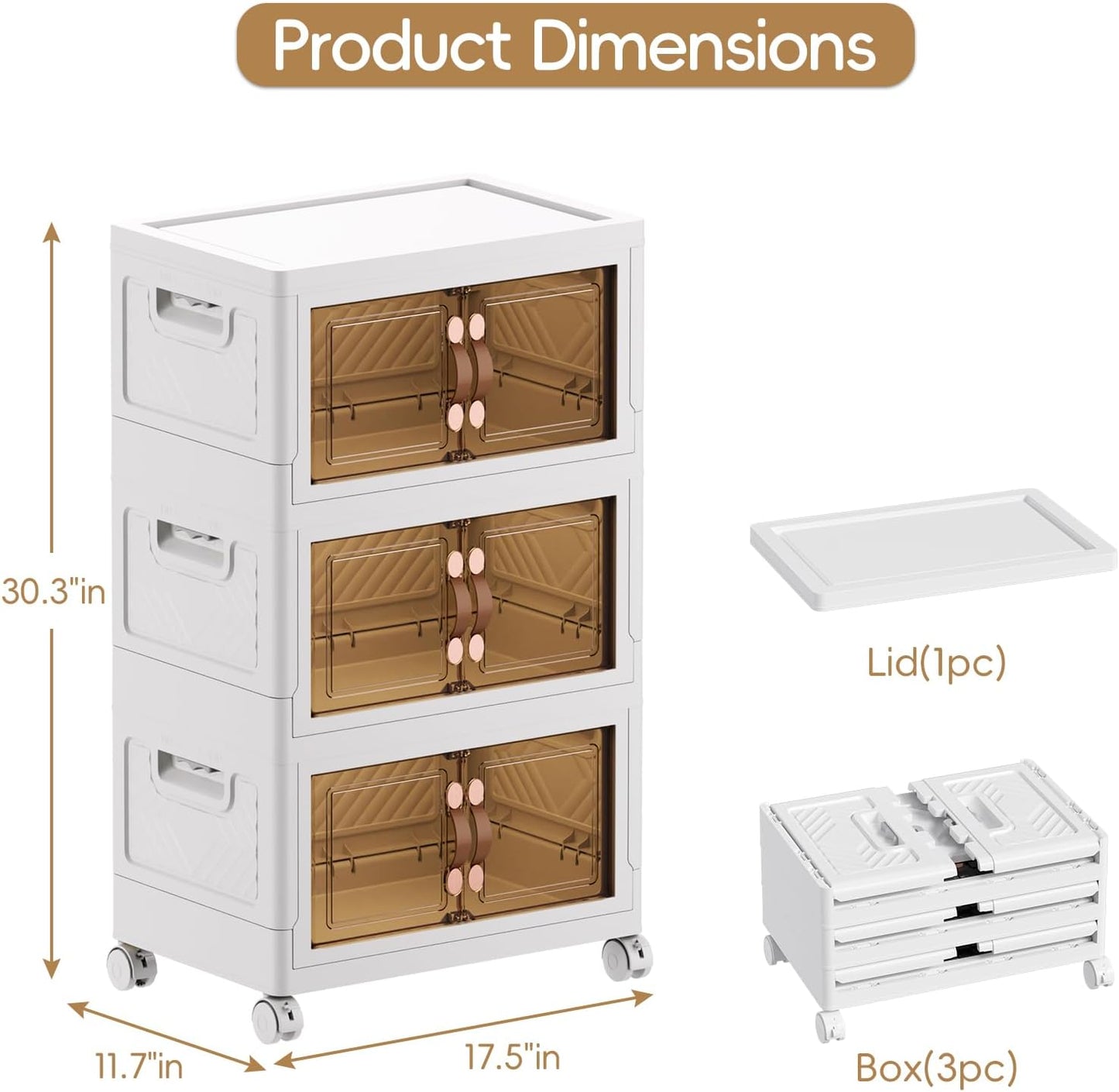 JEKO&JEKO 107Qt Stackable Storage Bins with Lids and Wheels, Foldable Collapsible Plastic Boxes for Clothes, Home, White, 3 Pack