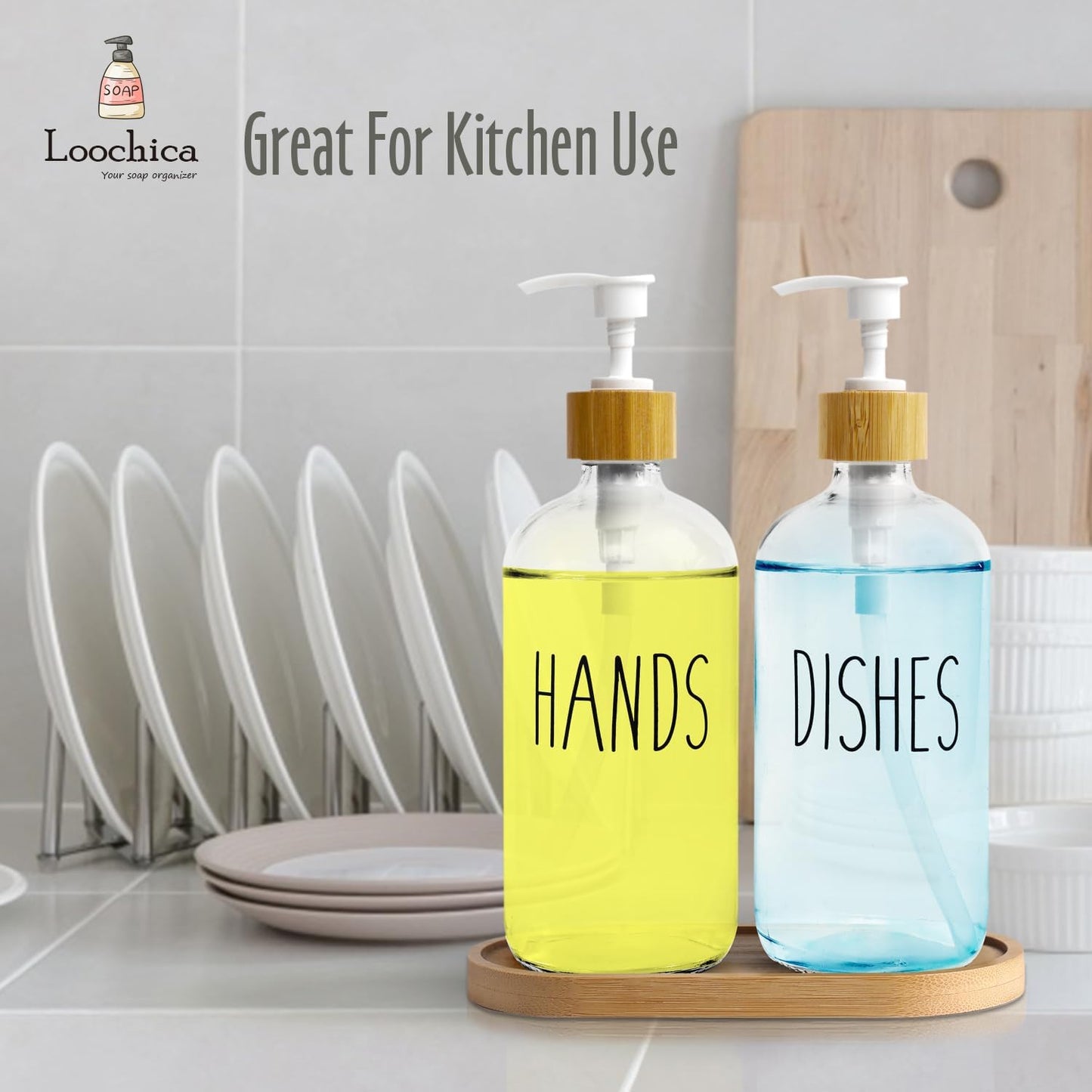 Clear Glass Soap Dispenser Set with Tray, Transparent Dish and Hand Soap Dispenser Set, Refillable Reusable Apothecary Soap Pump Dispenser Bottles for Bathroom and Kitchen