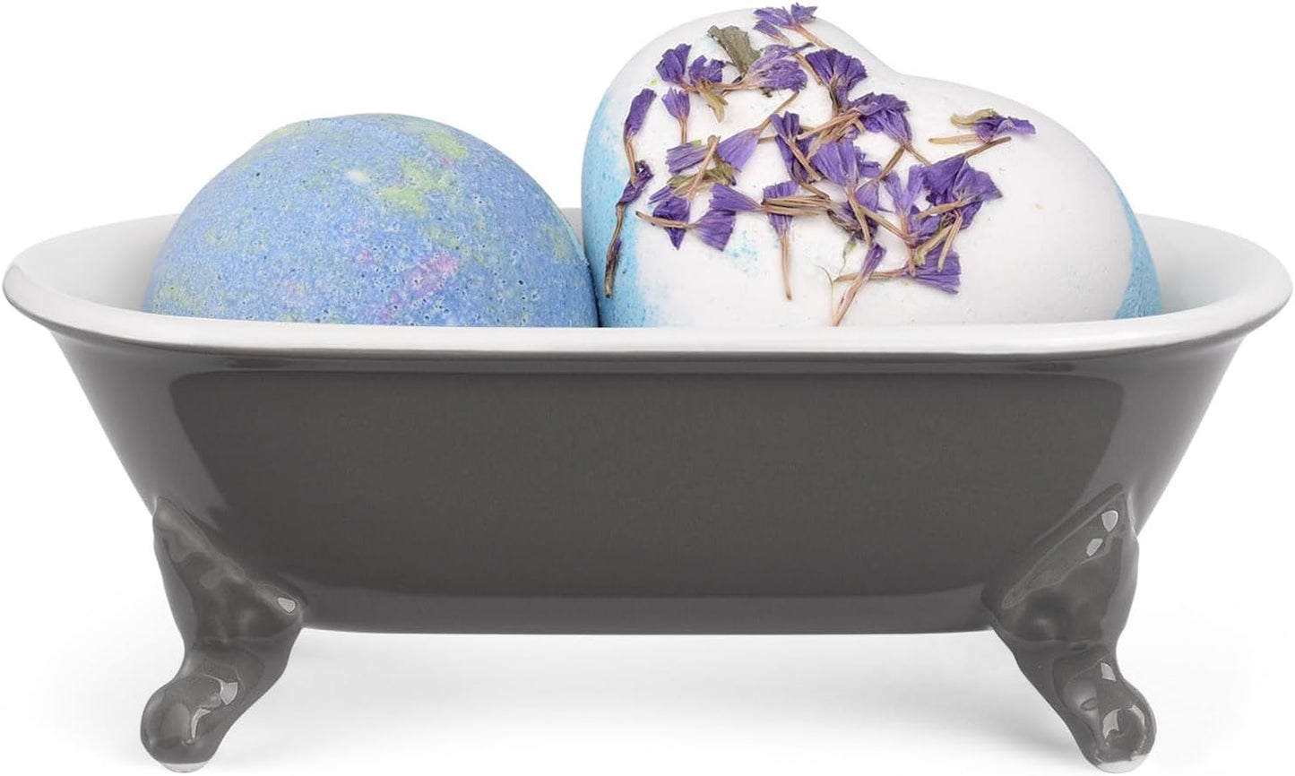 6.5" Ceramic Mini Decorative Clawfoot Bathtub Bar Soap Dish, Kitchen Sponge Holder and Shower Tray for Bathroom, 1 Pack(Stone Gray)