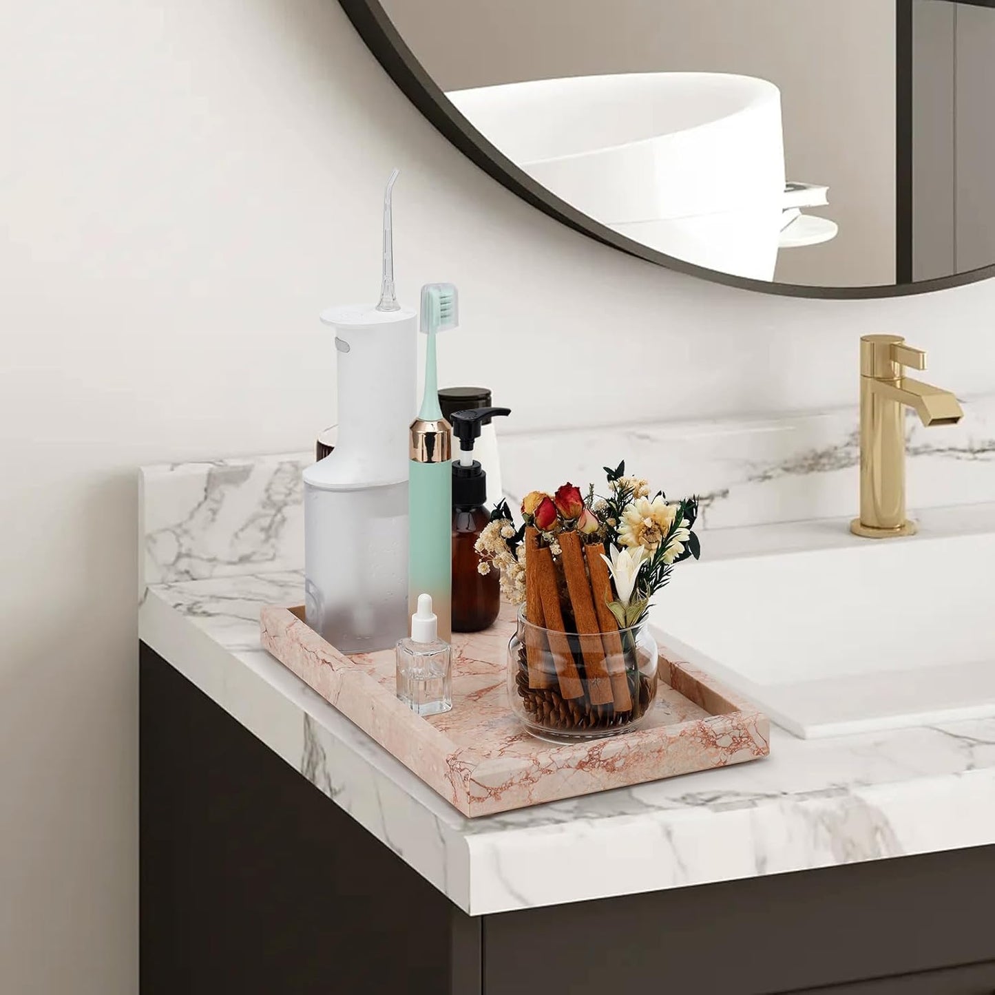 Marble Bathroom Tray,Pure Natural Vanity Tray,Marble Trays for Kitchen Counter Non-Ceramic/Non-Resin,Stone Tray 12 x 8 inch (Pink) ﻿