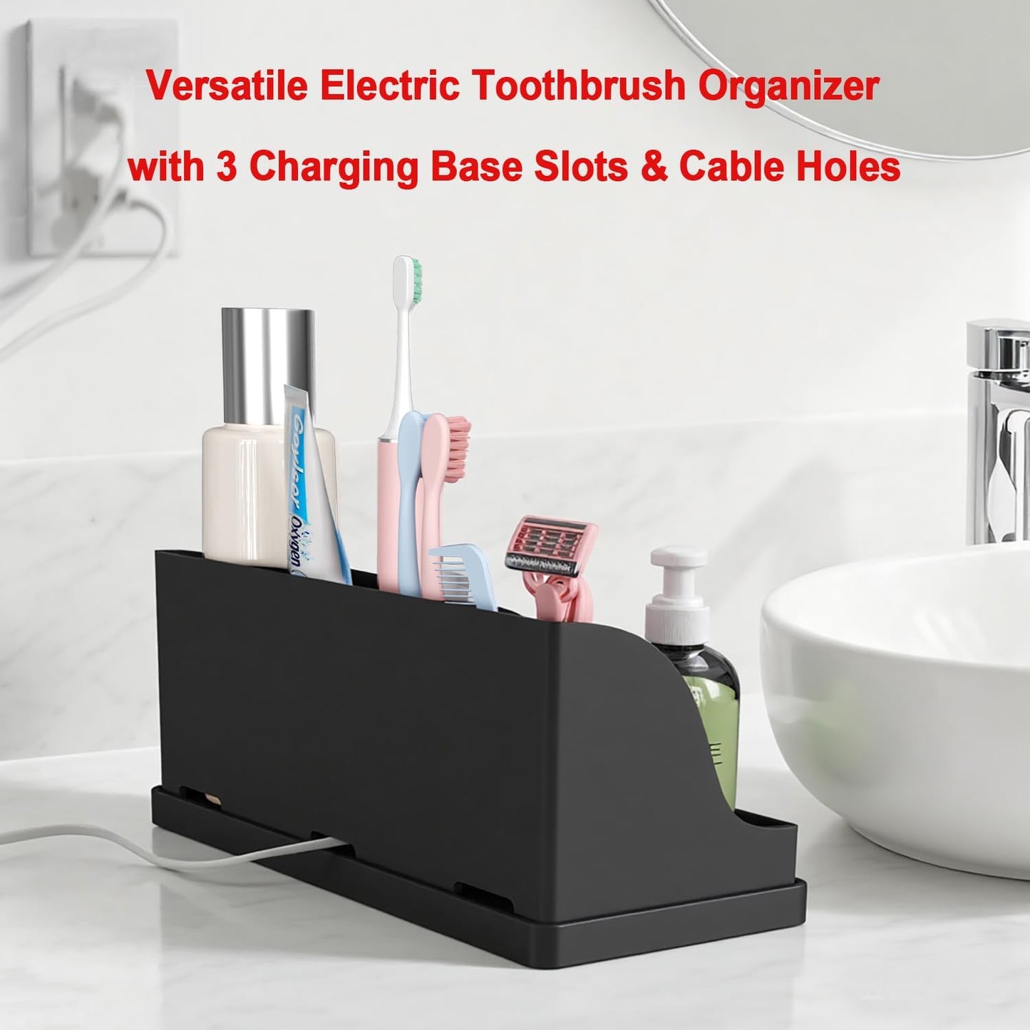 Large Toothbrush and Toothpaste Holder with Drain Tray, Black Silicone Shower Bathroom Vanity Organizer, 7 Compartments Bathroom Organizer Countertop Toothbrush Caddy