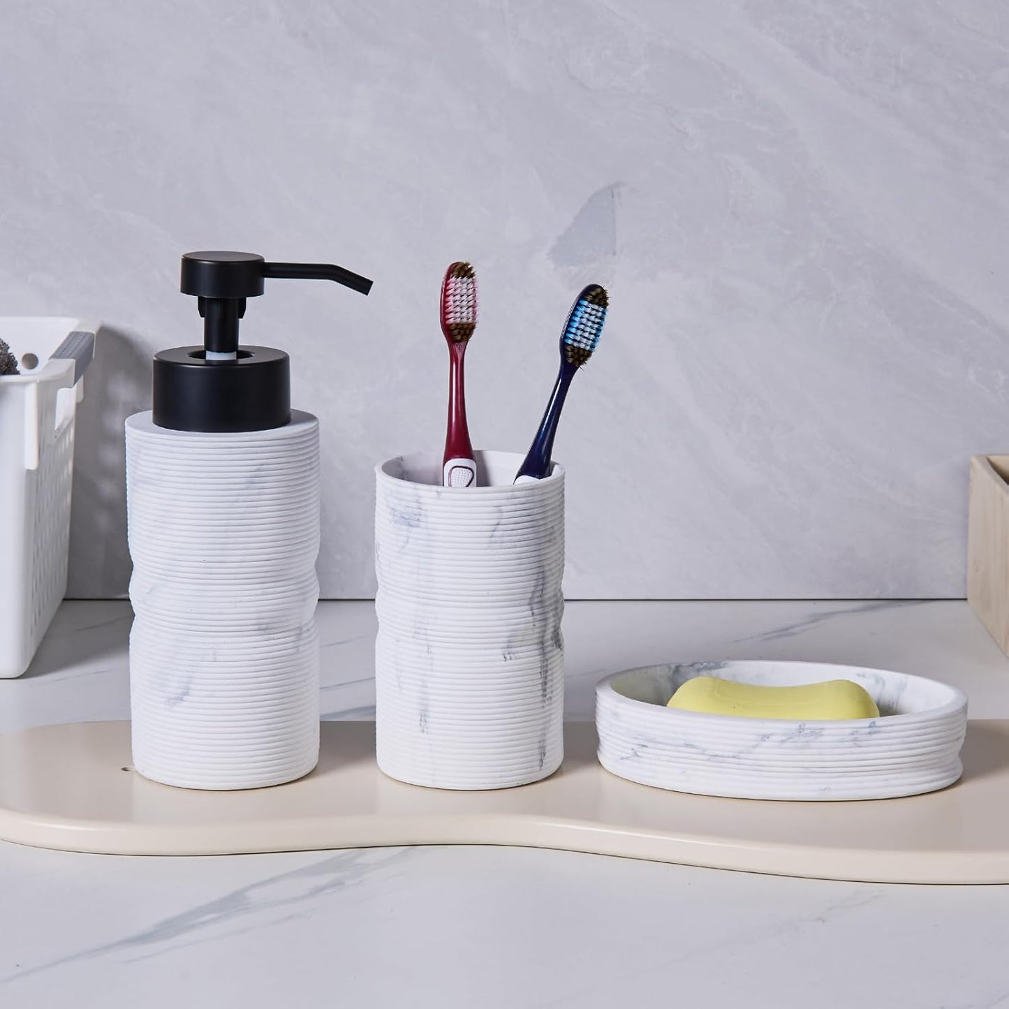 White Marble Ribbed Textures Bathroom Accessories Set 3 Pcs for Countertop - Toothbrush Holder Cup, Foaming Soap Dispenser, Soap Dish - Modern Bathroom Décor Accessory Set for Housewarming Gift