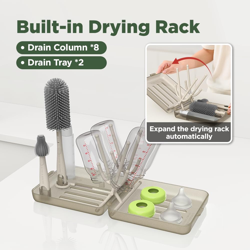 Travel Bottle Brush, Travel Bottle Cleaner Kit with Bottle Drying Rack, Transparent Coffee