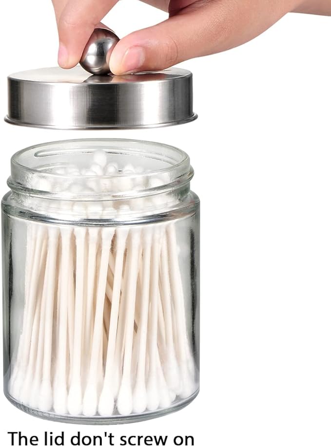 Amolliar Apothecary Jars Bathroom Vanity Organizer -Countertop Canister Jar with Storage Lid - Qtip Dispenser Holder Glass for Qtips,Cotton Swabs,Makeup Sponges ,Hair Band - Brushed Nickel (1 Pack)