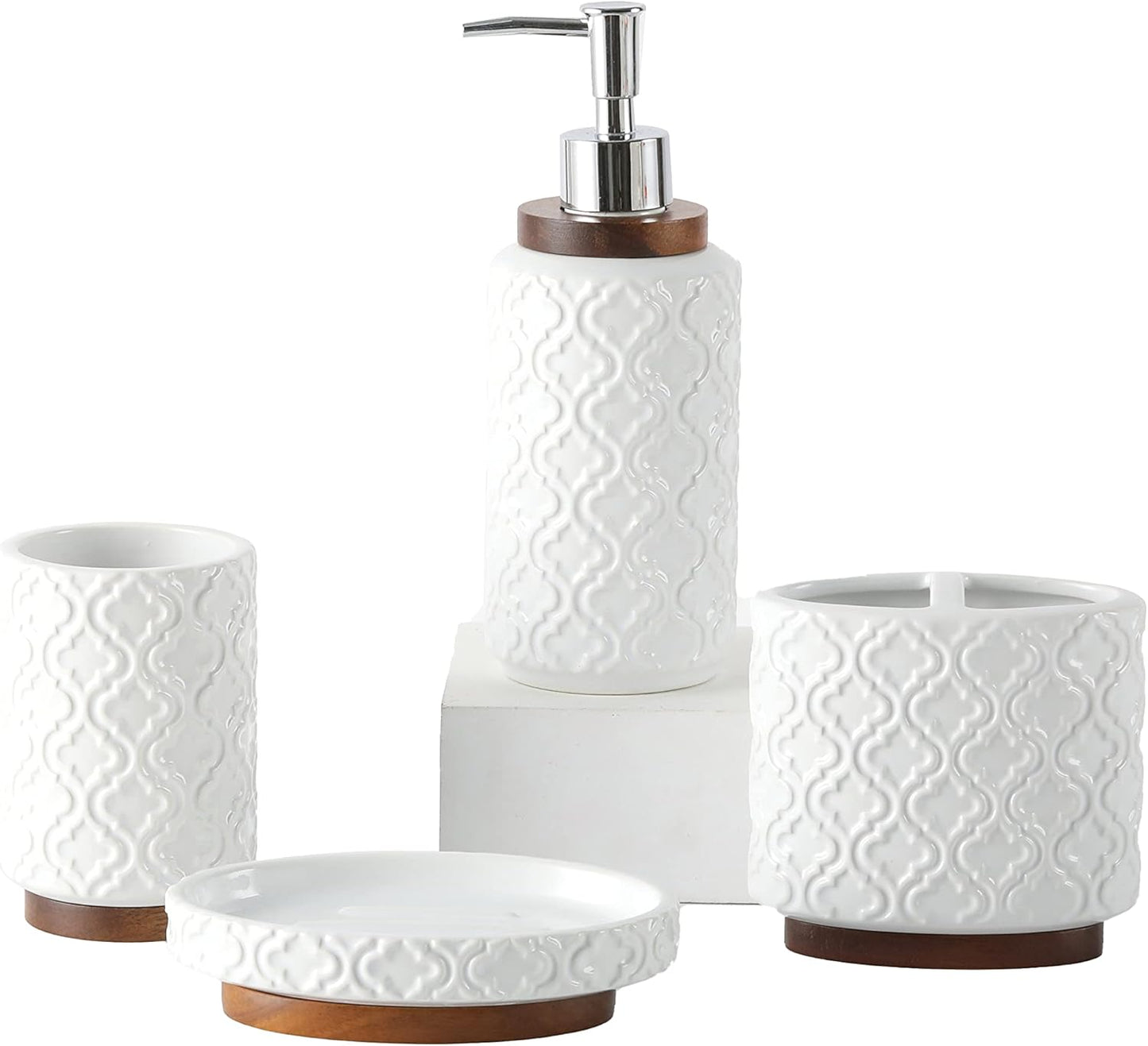 Bathroom Accessories Set 4 Pcs Toothbrush Holder Soap Dispenser Ceramic and Wood Bathroom Decor Set Contain Toothbrush Cup Soap Dish Tumbler White
