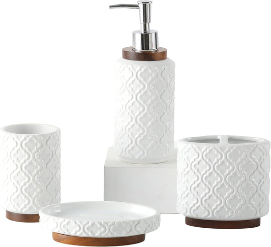 Bathroom Accessories Set 4 Pcs Toothbrush Holder Soap Dispenser Ceramic and Wood Bathroom Decor Set Contain Toothbrush Cup Soap Dish Tumbler White