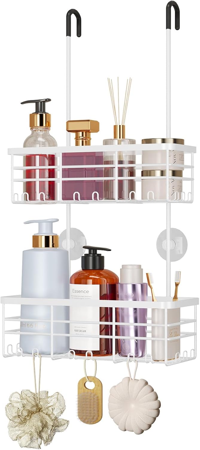HapiRm Hanging Shower Caddy Organizer - No Drilling Shower Organizer with Hooks, Rustproof & Waterproof 304 Stainless Steel Bathroom Shelves - White