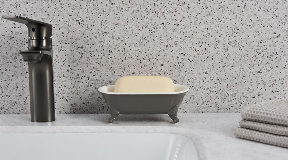 6.5" Ceramic Mini Decorative Clawfoot Bathtub Bar Soap Dish, Kitchen Sponge Holder and Shower Tray for Bathroom, 1 Pack(Stone Gray)