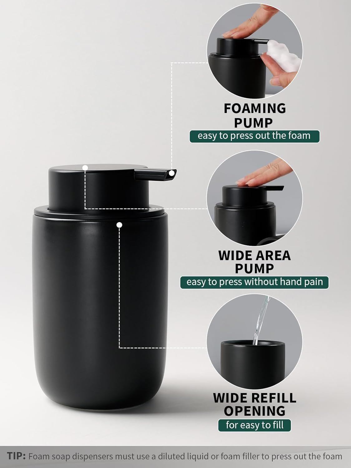 Bosilunlife Soap Dispenser and Toothbrush Holder Set - 11Oz Foam Soap Dispenser Pump Ceramic Bathroom Counter Soap Toothbrush Holder Set Black Bathroom Accessories Set