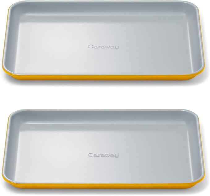 Caraway Nonstick Ceramic Small Baking Sheet Duo (9x13”) – Non-Toxic, PTFE & PFOA Free – Oven Safe – Aluminized Steel Core – Mini Sheet Pan for Baking, Roasting & More - Marigold