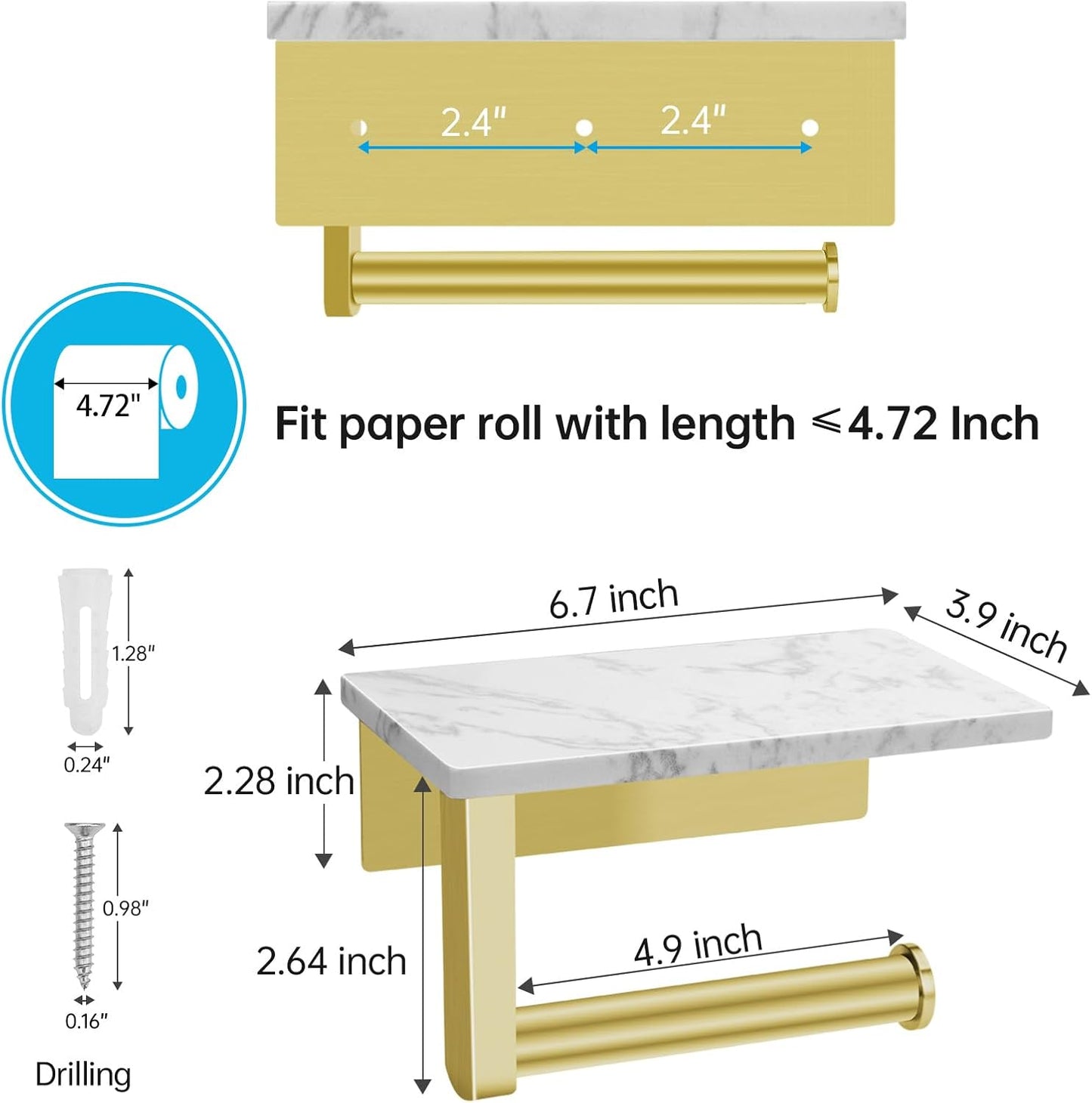Toilet Paper Holder with Marble Shelf, SUS304 Brushed Gold Stainless Steel Wall Mounted Natural Marble Toilet Paper Holder and 2PCS Adhesive Hooks for Bathroom Washroom