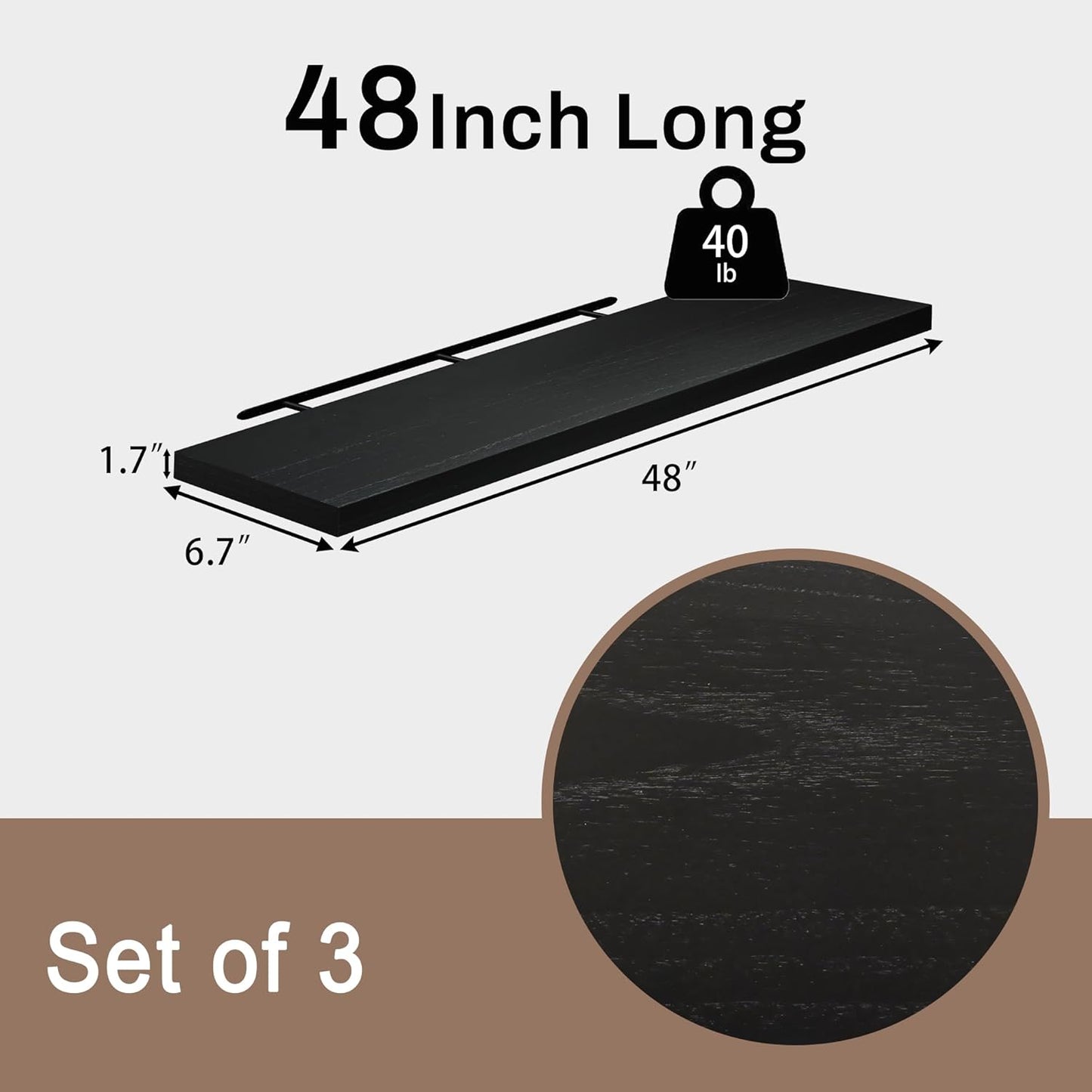 Floating Shelves for Wall, 48 Inch Extra Long Black Wall Shelves, Set of 3, Hanging Invisible Brackets Floating Shelves for Living Room,Bedroom,and Kitchen