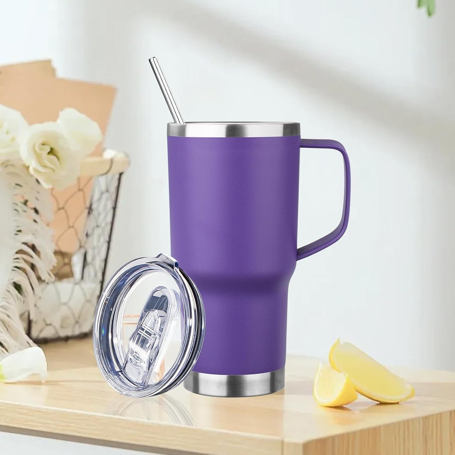 20oz Insulated Tumbler with Handle Stainless Steel Travel Coffee Mug with Lid and Straw Double Wall Vacuum Leak-proof Reusable Thermal Water Cup for Hot and Cold Drinks (Purple,1 Pack)