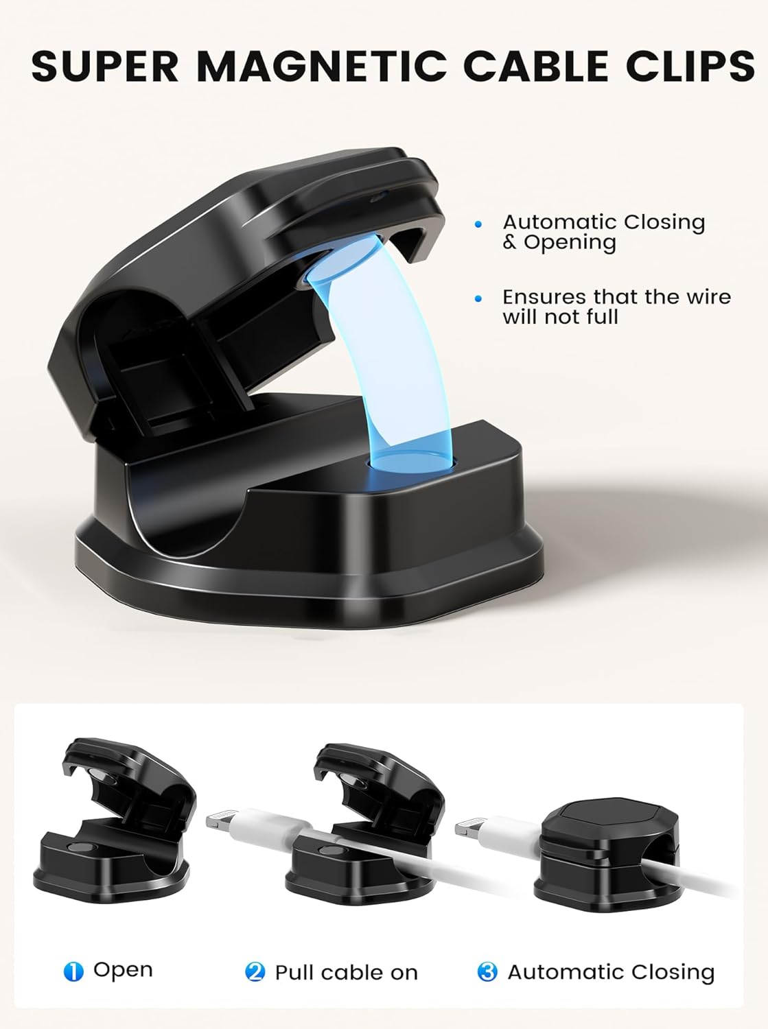 6 Pack Magnetic Cable Clips, Cable Smooth Adjustable Cord Organizer Holder, Hide Phone Charging Cable Keeper, Strong Adhesive Wire Charger Holder for Nightstand, Desk, Car, Office Supplies