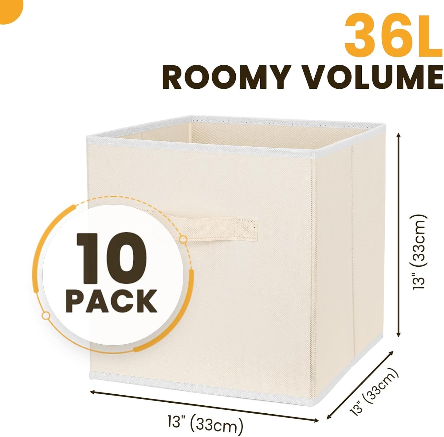 Criusia Large Storage Cubes, 13 Inch Cube Storage Bins for Shelves Closet Nursery Bedroom - 10 Pack Collapsible Storage Baskets with Handles - Fabric Bins for Organizing Clothes Blanket Toys (Beige)