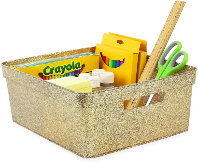 Isaac Jacobs Medium Glitter Storage Bin (14” x 11.5” x 5.5”) Set w/Cut-Out Handles, Plastic Organizer, Multi-Functional, Home Storage Solution, Kids Playroom, Bedroom, Closet (2, Gold)