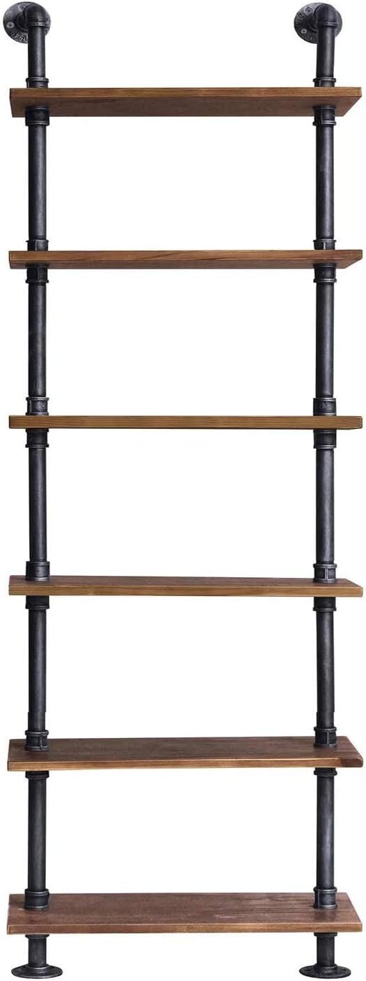Diwhy Industrial Pipe Shelves Rustic Modern 24"W Wood Ladder Bookcase with Metal Frame, Pipe Wall Shelf, Wood Storage, Home Decor, Display Shelving, Retro Floating Shelving, 6 Layer Bookshelf (24"W)