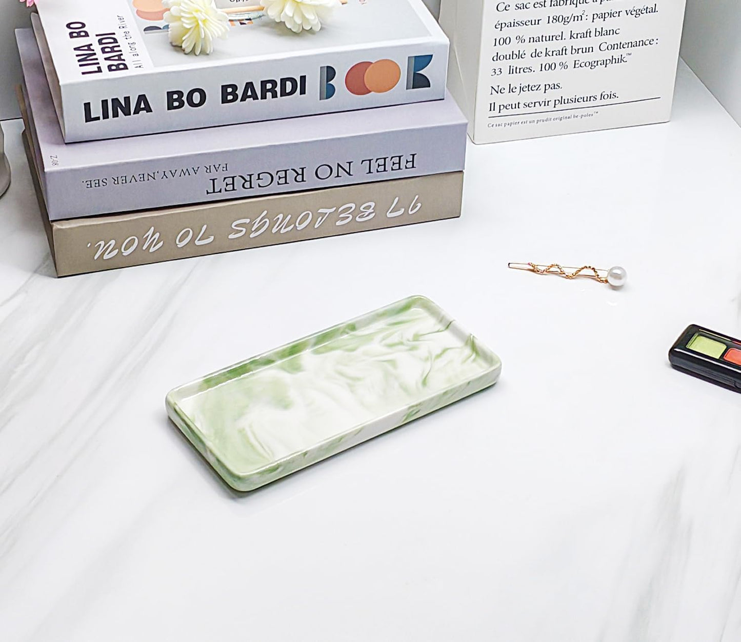 6.4" Porcelain Small Bathroom Tray, Ceramic Countertop and Vanity Tray for Cosmetics, Perfume, Jewelry, Candle - Kitchen Soap Tray for Kitchen Counter (Green)