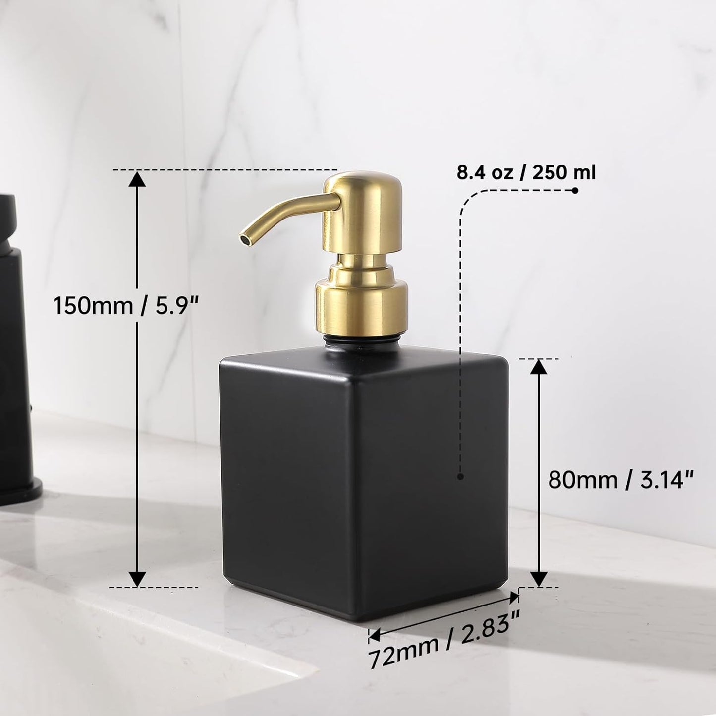 Square Bathroom Soap Dispenser Black and Gold, 8.4 oz Glass Bottles with Stainless Steel Pump Retangle Cube Liquid Soap Dispenser Hand Kitchen