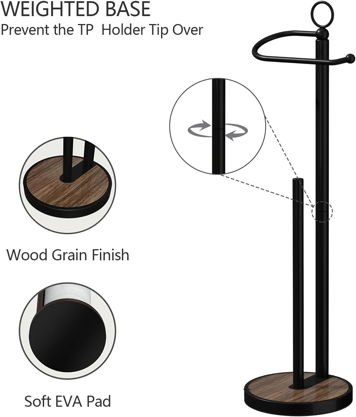 Toilet Paper Holder Free Standing with Storage 4 Rolls Stainless Steel Toilet Paper Holder Stand with Weighted Wood Grain Base Space-Saving Tissue Roll Holders for Bathroom Black