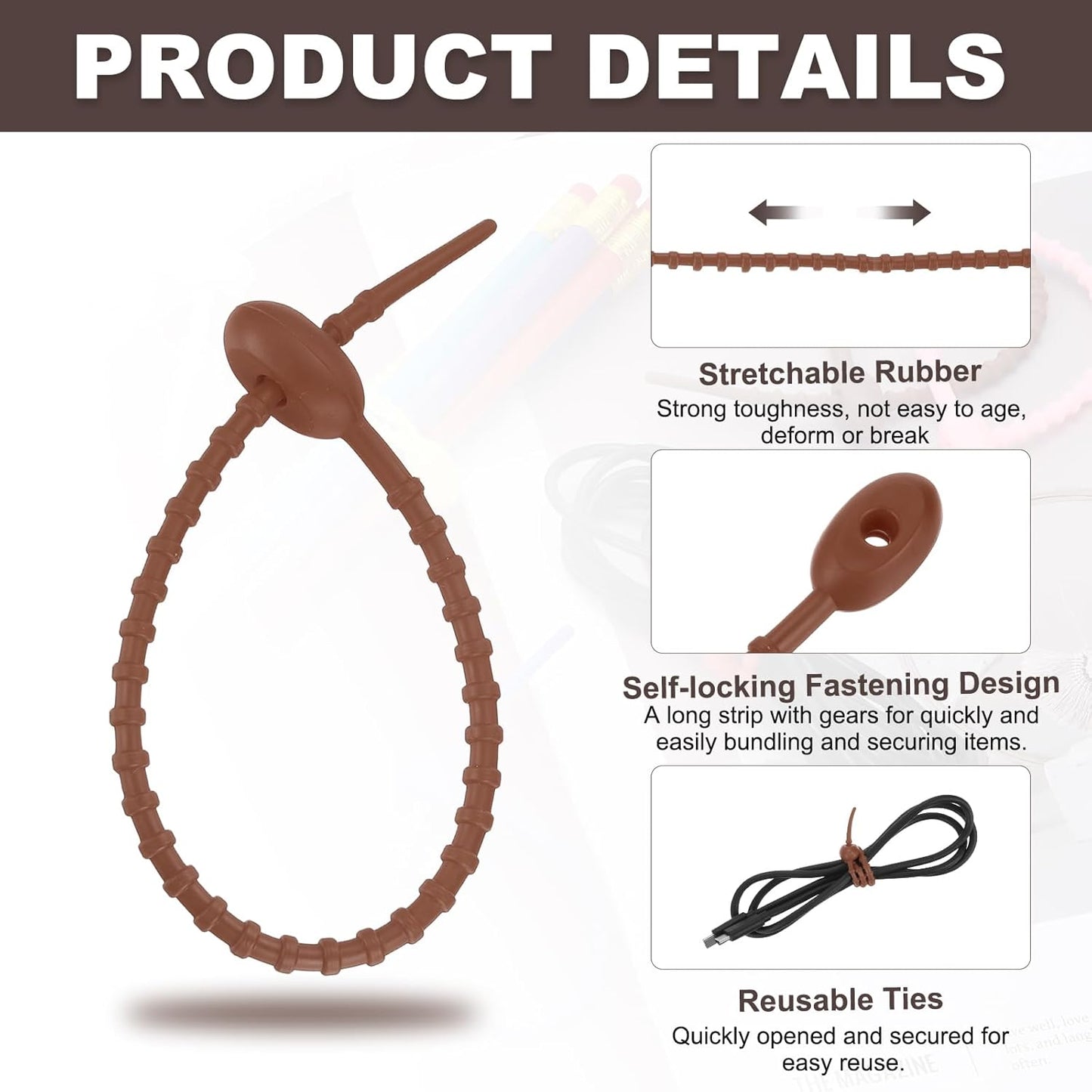 uxcell 20 Pcs Silicone Ties Bag Clip, 8.5 Inch Multi Purpose Silicone Zip Ties Reusable Rubber Zip Tie, Cable Strap Cord Organizer for Home Office Food Bag Wires Cables, Brown