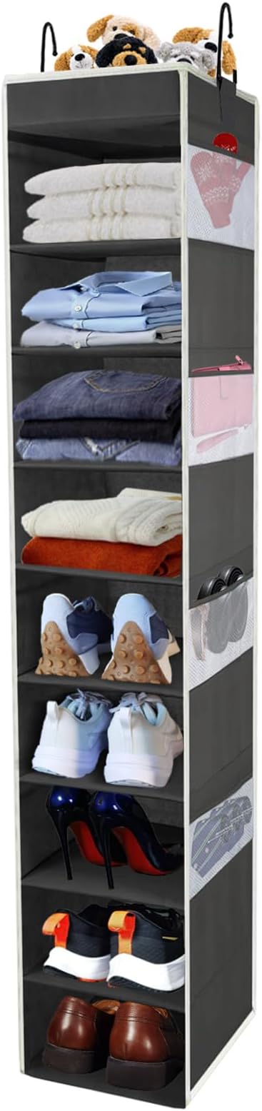 Large-Sized Hanging Shoe Organizer 10-Shelf, Sturdy Hanging Closet Organizer with 8 Side Pockets, Wider Hanging Shelves for Storage Shoes Clothes Jeans Shirts Toys, Black