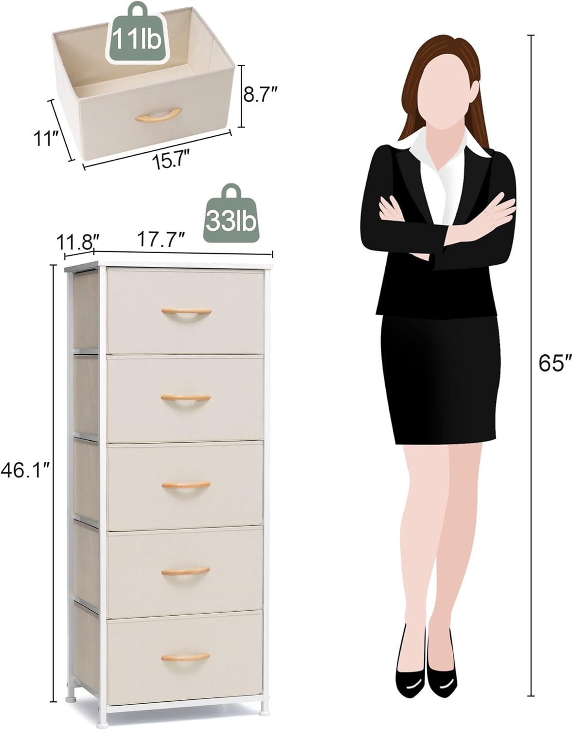 Crestlive Products Vertical Dresser Storage Tower - Sturdy Steel Frame, Wood Top, Easy Pull Fabric Bins - Organizer Unit for Bedroom, Hallway, Entryway, Closets - 5 Drawers(Beige)