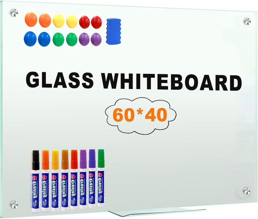 H-Qprobd Glass Whiteboard 60"x40" Magnetic Dry Erase White Board for Wall, Includes 12 Magnets, 8 Markers and 2 Erasers
