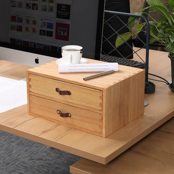 Wooden Desk Organizer with 2 Drawers - Desktop Storage Drawers for Office Supplies File Paper Storage - Wood Chest/Small Cabinets for Jewelry Dresser Kitchen Counter (FAX2C-LT）