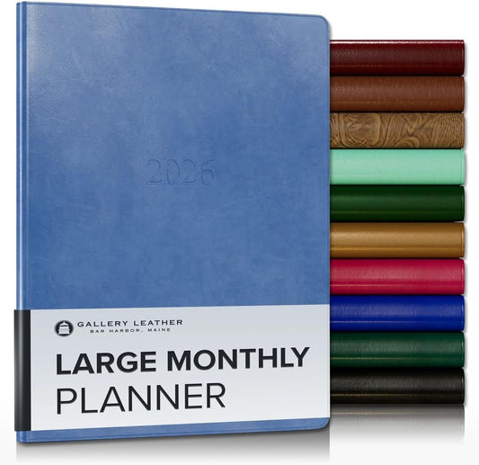 Gallery Leather Large Monthly Planner 2025-2026, Elegantly Bound Calendar Planner and Notebook with Stylish Gold-Gilded Page Edges, 18 Months - Acadia Hydrangea - 9.75x7.5"