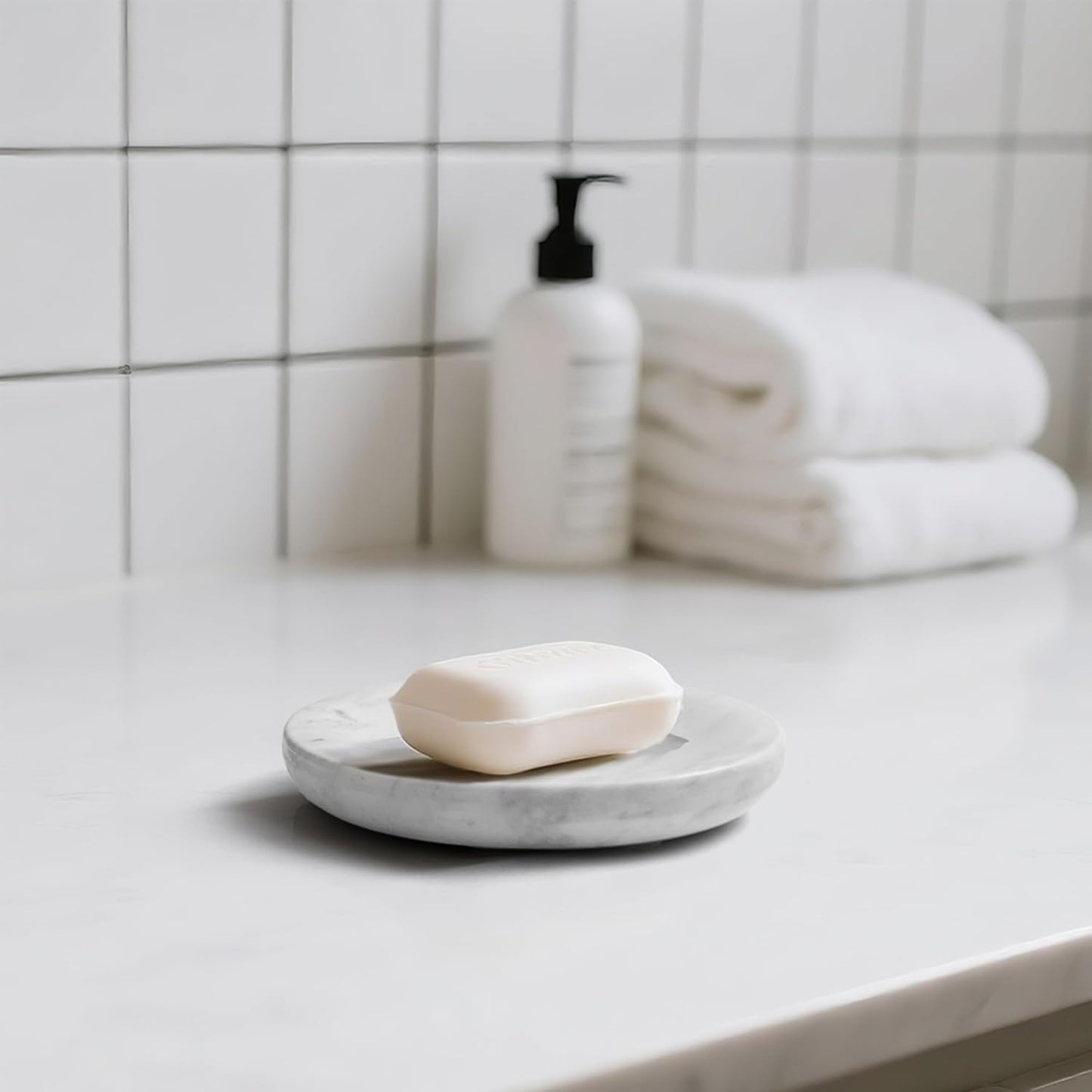 WORHE Marble Soap Dish Italy Natural Stone Sponge Holder for Bathroom Tub Shower Kitchen Sink, Handcraft Round Soap Case Organizer Trinket Plate Jewelry Tray Coaster for Home Decor White (DL008)