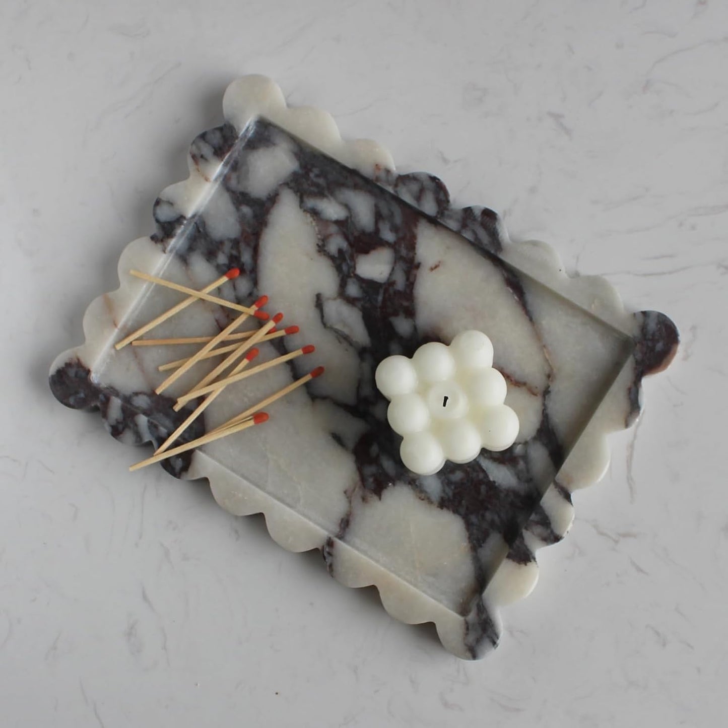 Natural Luxury Scalloped Marble Tray 10.8"x8", Rectangle Vanity Tray for Bathroom Kitchen Counter, Decorative Tray for Dresser Home Decor - Calacatta Purple