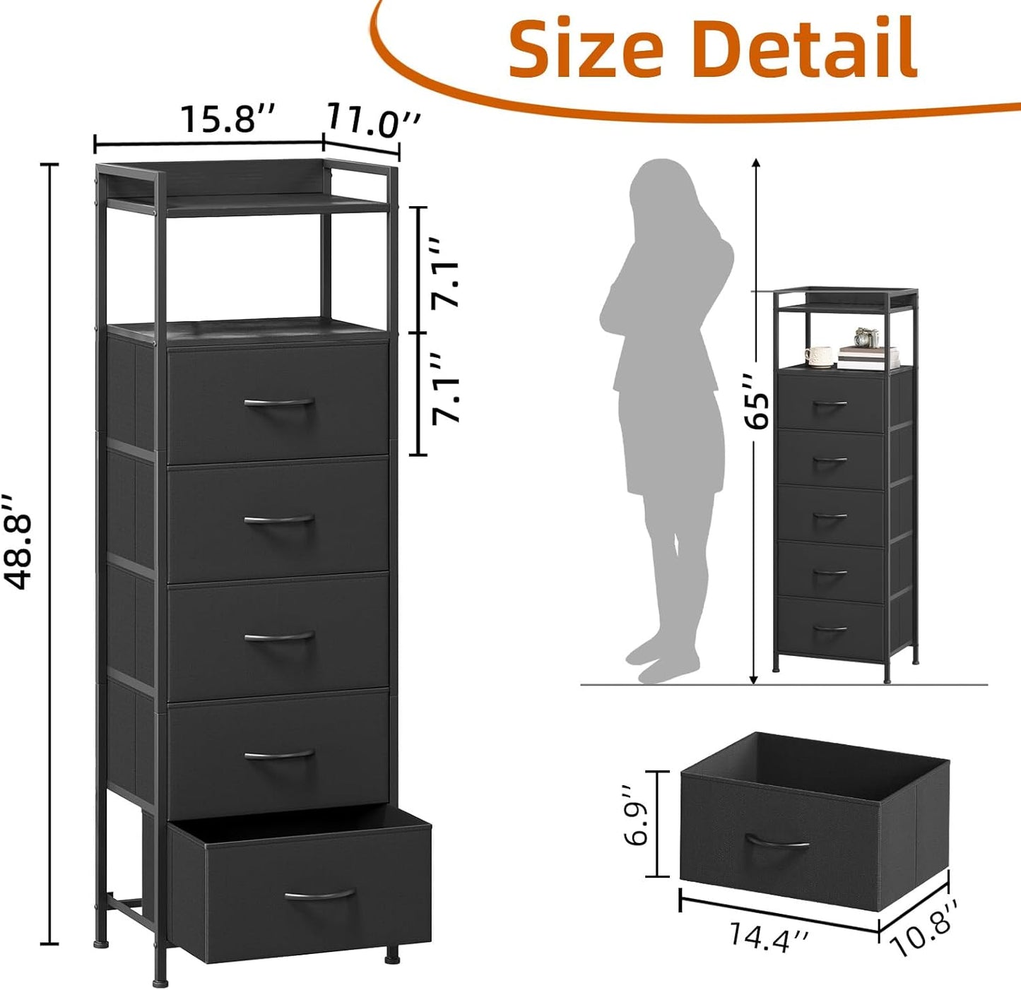 Somdot Tall Night Stand for Bedroom,Tall 5 Drawers Dresser, Vertical Storage Tower Unit, Nightstand Furniture with Fabric Drawer Organizer in Bedside Kids Dorm Room Closet Laundry Entryway,Black