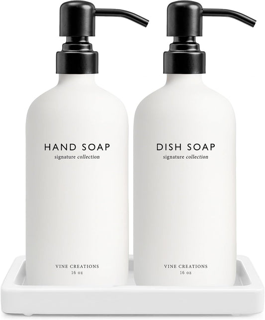 Vine Creations Glass Soap Dispenser Set, Kitchen Soap Dispenser Set with Ceramic Tray, 16 oz Dish Soap and Hand Soap Dispenser Set with Stainless Steel Pump Decor (White Bottle/Matte Black)